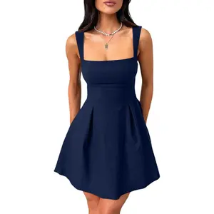 Women's Sexy Sleeveless Square Neck Adjustable Straps Bow Tie A-line Mini Party Club Dress