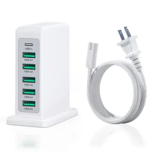 6-Port USB-A & USB-C Fast Charging Station, Portable Adapter with 5ft Extension Cable, Compatible with iPhone iPad Macbook, USB Port Adapters, USB Ports Output