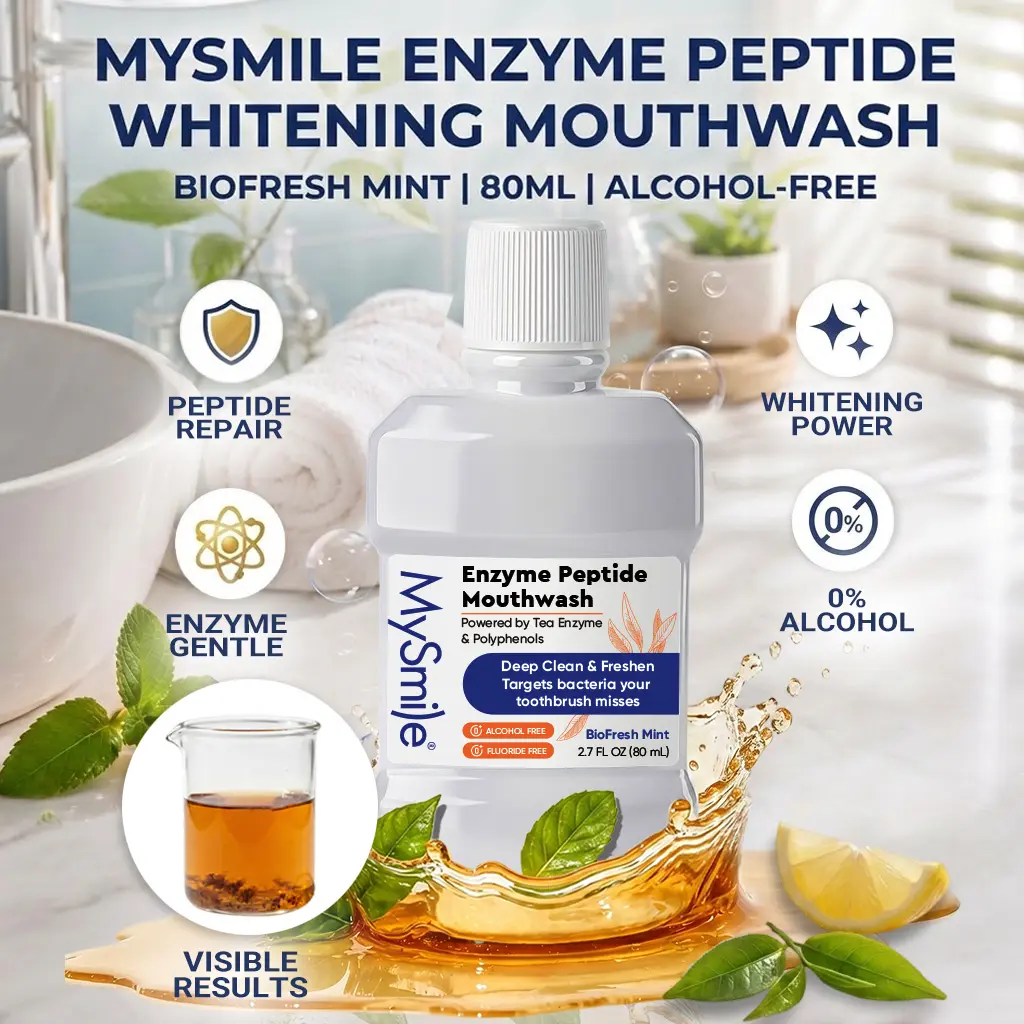 MySmile Whitening Mouthwash with Enzyme Peptide, Alcohol-Free Antibacterial Oral Rinse for Bad Breath, BioFresh Mint, Travel Size 2.7 fl oz
