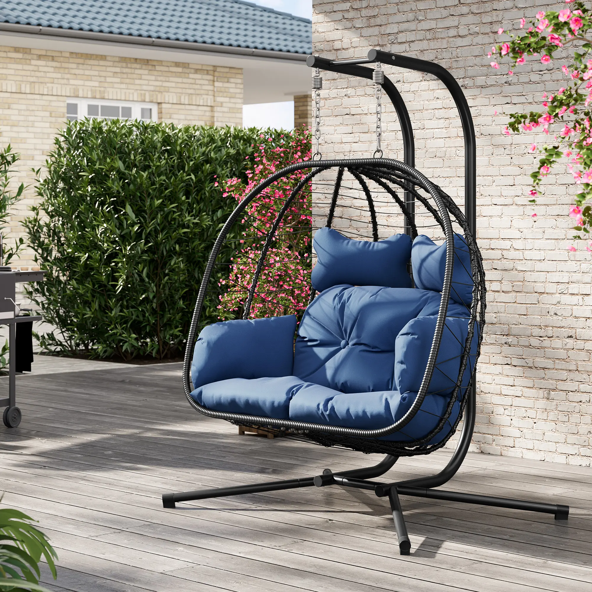 Outdoor Double Egg Chair with Stand, Supporting Up to 700lbs, Rattan Egg Swing Chair, Foldable Hanging Loveseat,  Hammock with UV Resistant Cushions,Christmas gift
