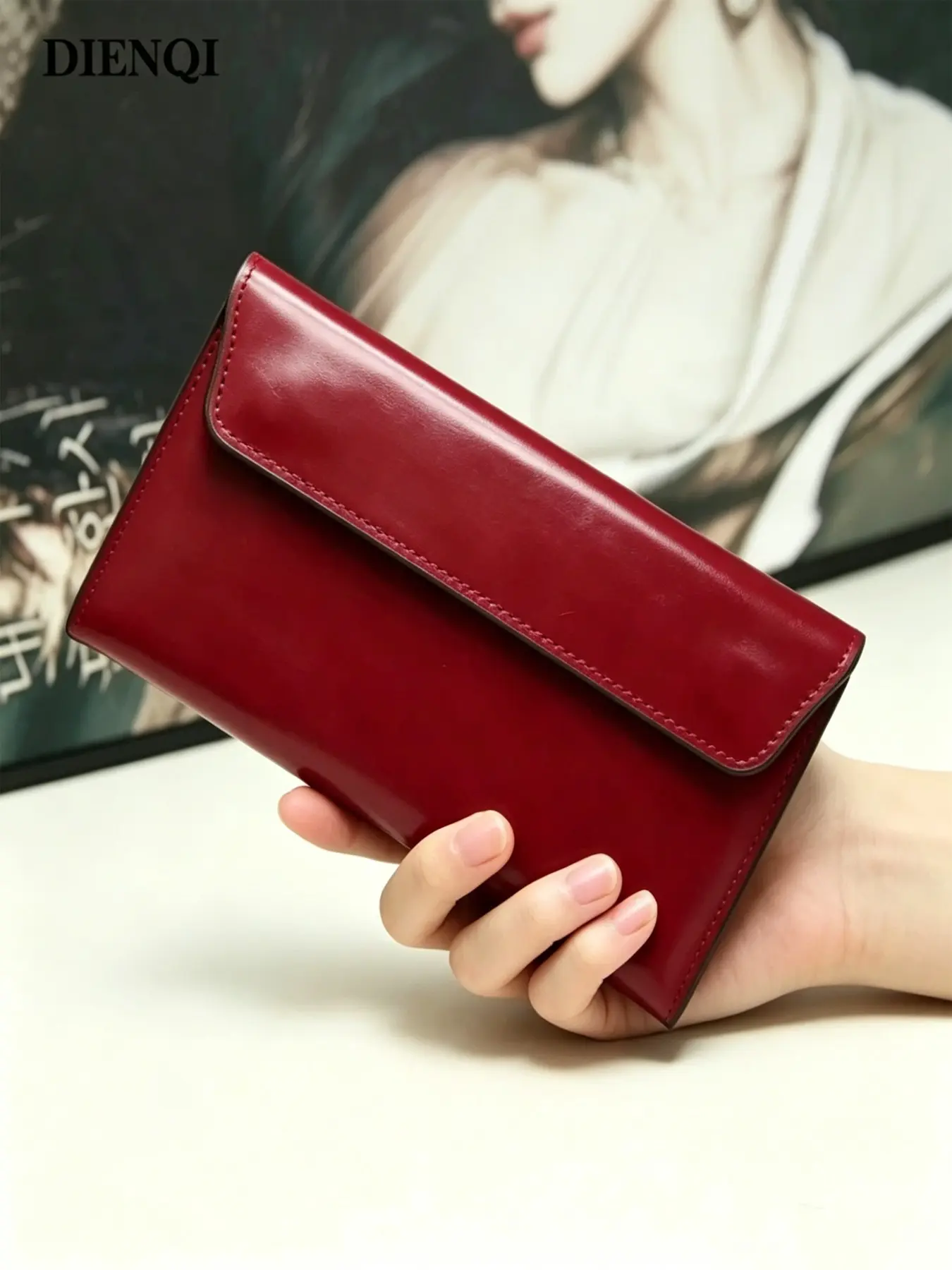 Vintage Envelope Style Genuine Leather Clutch Bag, Trendy Clutch Bag, Evening Clutch Purse, Elegant Long Wallet Purse for Women, Slim Glossy Organizer for Daily & Travel Use, Fashionable Versatile Purse, Elegant Stylish Purse