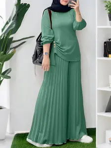 Women's Two-Piece Abaya Set, Irregular Shirt & Wide-Leg Pants, Loose Muslim Ethnic Style, Casual Daily Wear