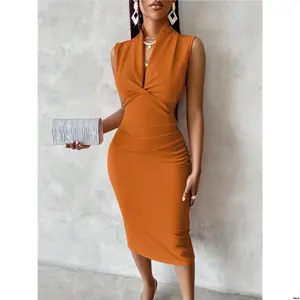 Dress Ruched V SOLERSUN Women Summer Solid - Neck Crisscross Bodycon Elegant Maxi Outfit