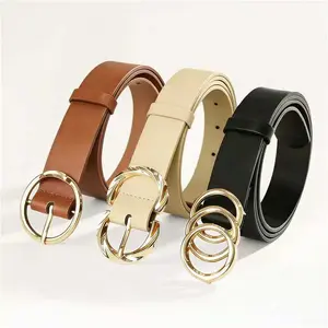 Women's 3pcs Cow Hide Belt Set - Double Ring Gold Buckle, Beige Industrial Style, Casual Fashion Accessory for Jeans, Dresses, Autumn-Winter Outfits