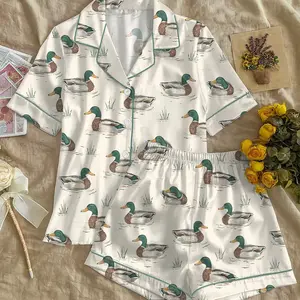 Watercolor Mallard Duck Duck Hunting Satin Pajama Set, Fun & Stylish Mallard Duck Sleepwear, Unique PJs with Design, Pajama Gift For Her