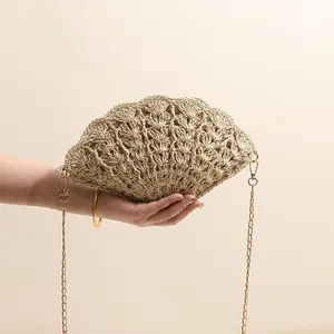 Seashell-Embellished Woven Shoulder Bag | Beach Clutch | Crossbody Vacation Bag | Bohemian-Style Resort Accessory | Niche Fashion | Openwork Fan Design | Woven Handbag | Seaside Beach Bag