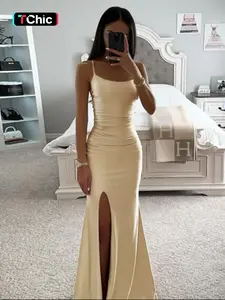 Women's  Solid Color  Cami Dress, Elegant Sleeveless Split Hem  Dress for Party Club Dating Wear, Ladies Summer Clothes, Formal wear