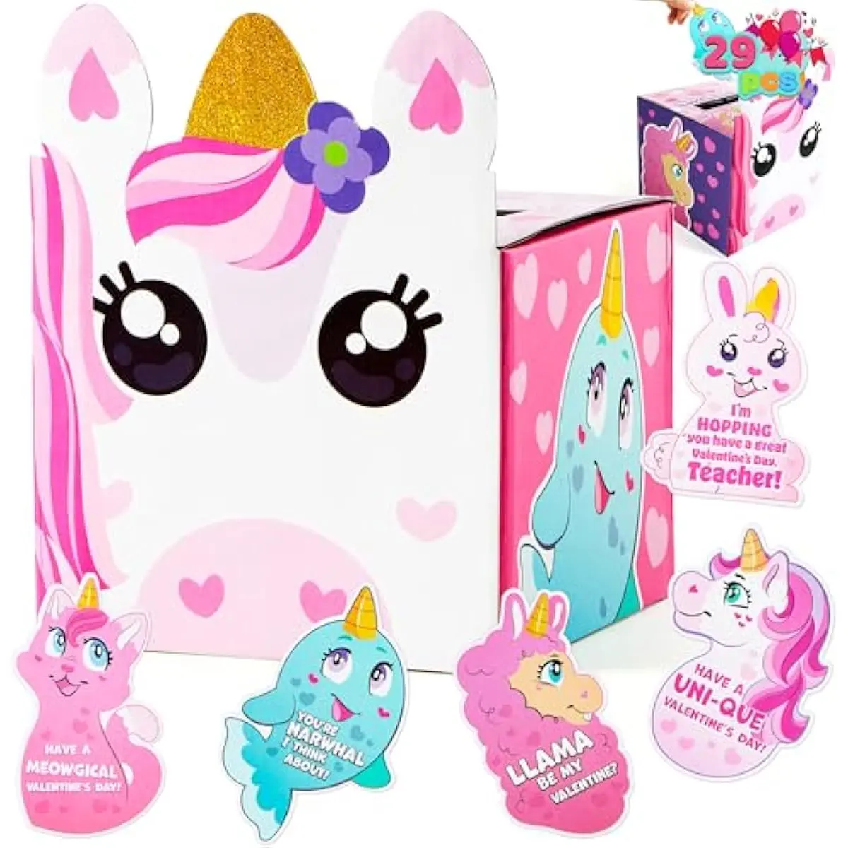 Valentine Boxes Unicorn Classroom Mailbox with Cards for Kids Party Favor, School Classmates Exchange Prizes, 29pcs