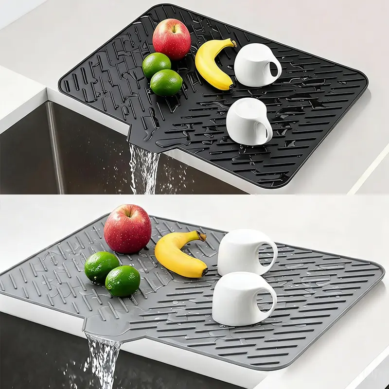 Extra Large Silicone Dish Drainer Mat, Kitchenware with Built-in Drain Lip, Heat Resistant, Non-Slip for Home Kitchen Counter Drying (Indoor Recreation Use), Drain Lip Built, Silicone Mat, Functional
