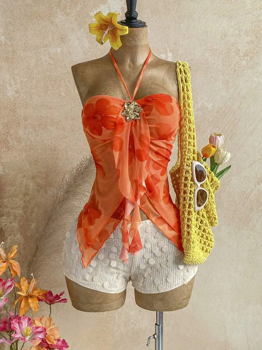 Women's Vacation Metal Flower Decor Floral Print Halter Neck Tie Top, Beach Vacation Seaside Orange Red Summer Sexy Tropical,No Chest Padding