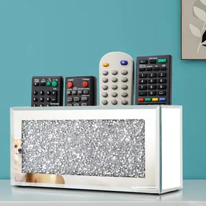 Mirrored Remote Holder, Wall Mounted Crush Diamond Bling Decoration Organizer Storage Box for Remote Phone Pad Wallet Notebook (8.3"×2.5"×4" For 3 or 4 Remote Controls) Multifunctional Storage Bin