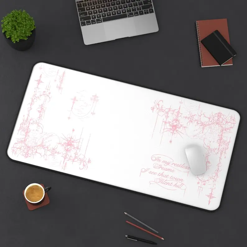 Pink Silent Hill floral script Desk Mat | girly elegant mousepad deskpad