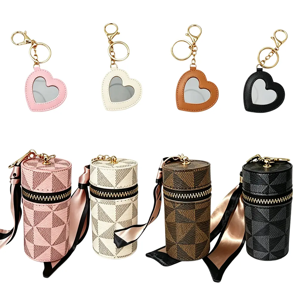 4 Packs Lipstick Case Keychain with Scarf Charm, Vegan Leather Mini Lip Gloss Organizer Pouch with 4Pcs Small Mirror Pendant Gift for Friends or Bridesmaids