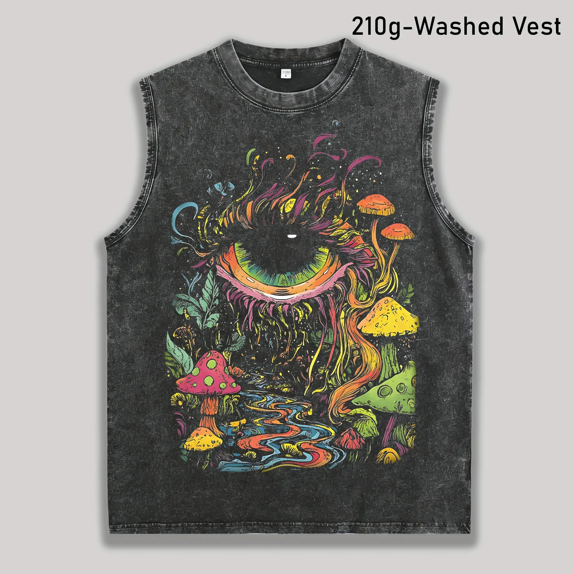 Vintage Acid Wash Trippy Eye Mushroom Graphic Muscle Tee 210g Heavyweight Tank Top Y2K Grunge Sleeveless Vest Unisex / Men & Women