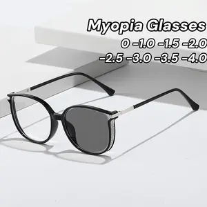 Luxury Glitter Photochromic Myopia Glasses Fashion Anti-Blue Light Near Sight Glasses Large Frame Goggles for Women Men