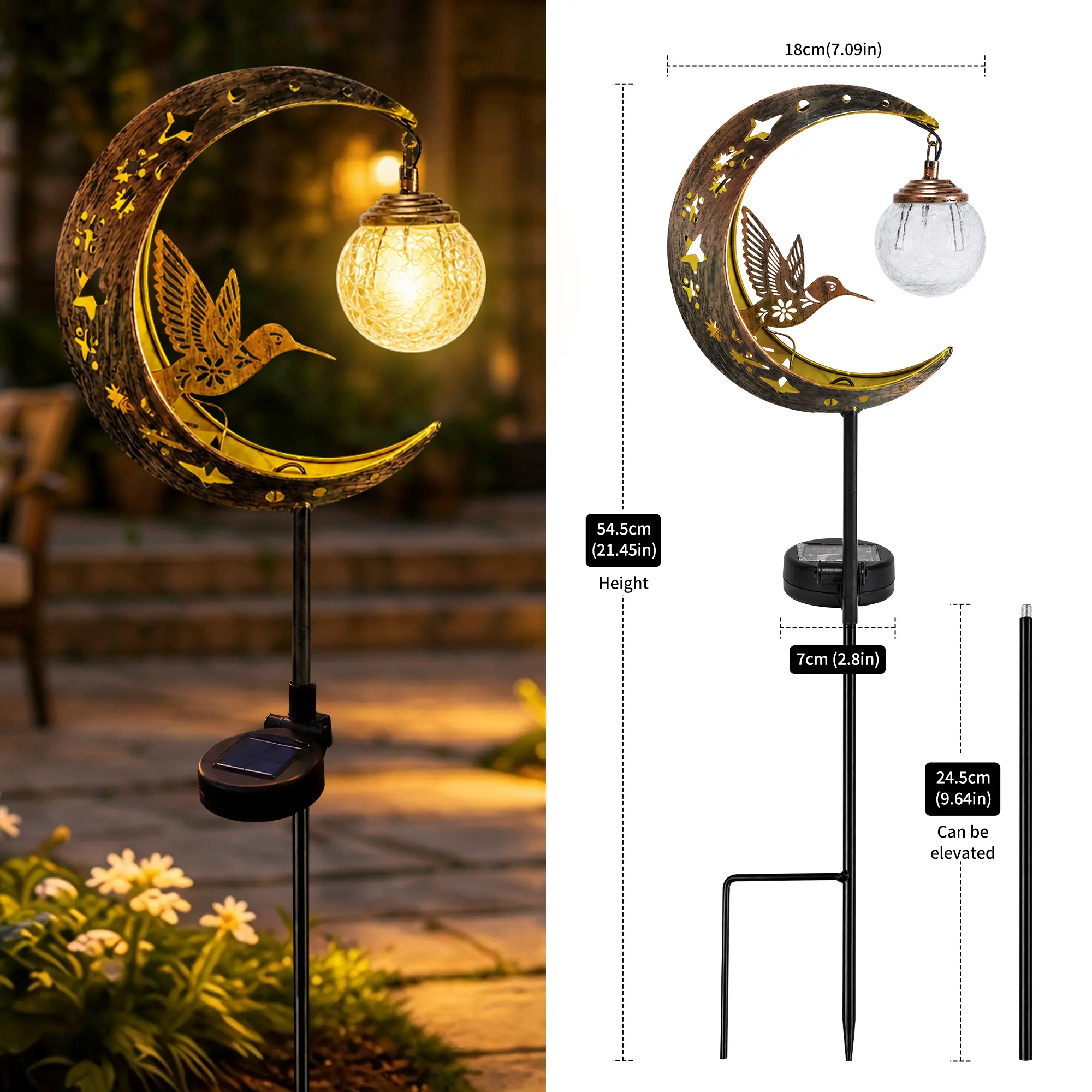 2026 Solar Hummingbird Moon Garden Stake Light - Waterproof, Metal Crescent-shaped with Crackle Glass Globe Ball,  for Outdoor Patio, Lawn Home Festive Decorations, Halloween decor homedecor