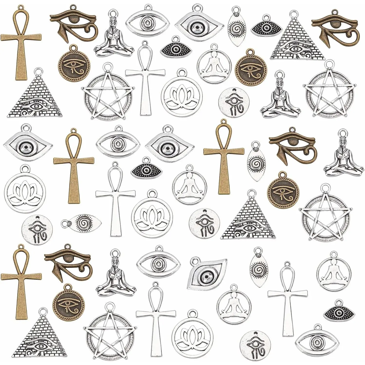 14 Styles Cross Charms, 56 count Star of David Yoga Lotus Charms Evil Eye Horse Eye Egyptian Eye Pendant Tibetan Alloy Metal Dangle Charms for Diwali Craft Necklace Bracelet Earrings Making