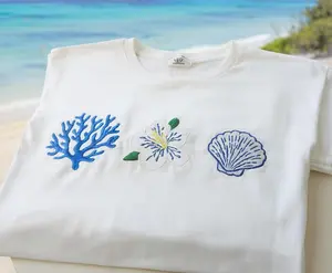 Coral Seashells Tropical Flower Embroidered Shirt, Coastal Summer Embroidery Tee, Beach Aesthetic Crewneck, Island Vacation Sweatshirt
