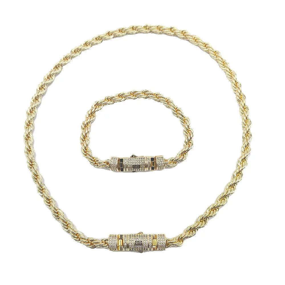 Women's Fashionable Geometric Hip-Hop Rope Links Jewelry Set - Iced-Out Lock Gold-Plated Necklace & Bracelet, Daily Glamour Costume Jewelry Set #186, Fashionable Jewelry Set, Glamour Set