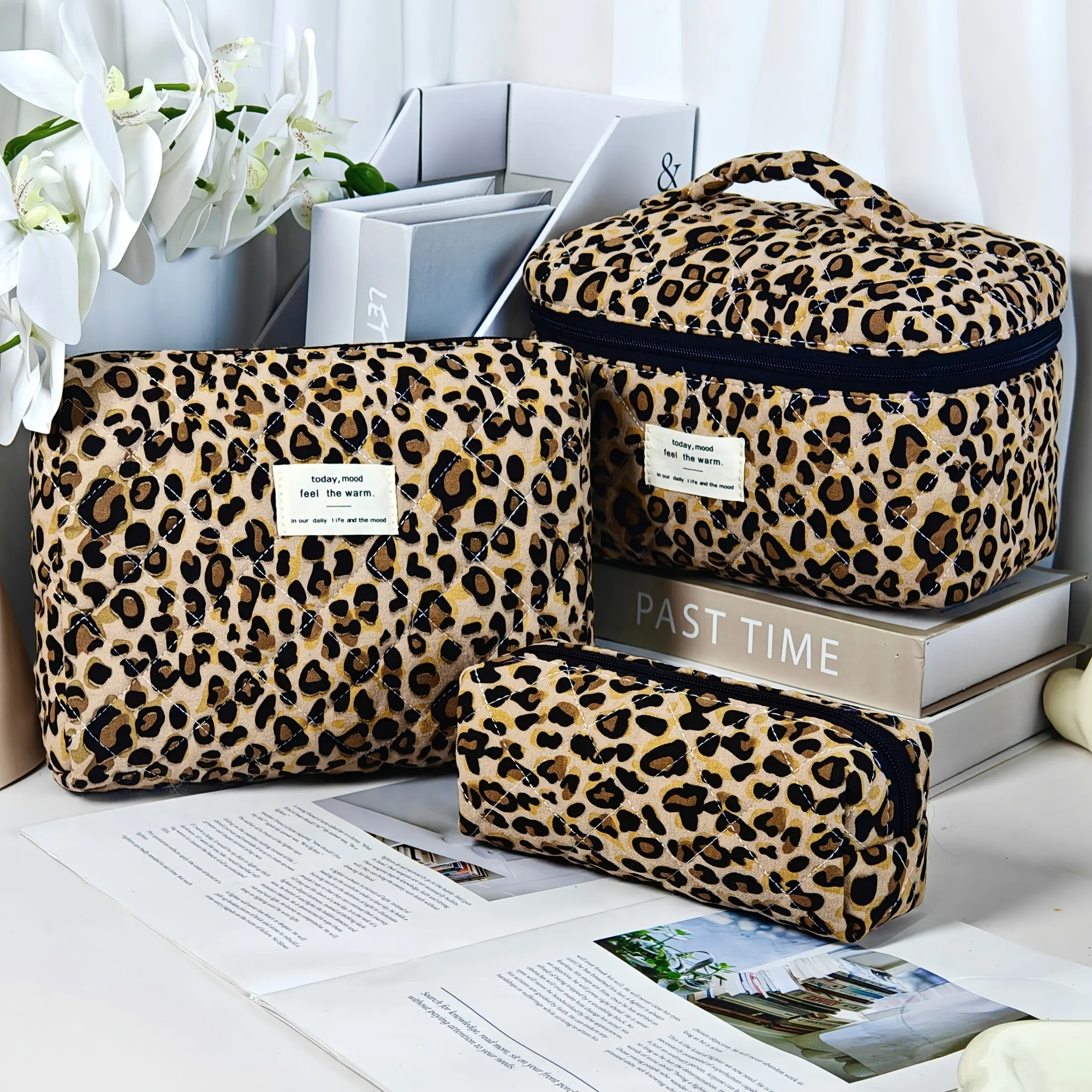 FEVERLZONG Women's 3-Count Leopard Print Makeup Bag Set - Large Capacity Animal Make-Up Bags with Exquisite Zipper, Portable Vanity for Storage Organization & Beauty on the Go