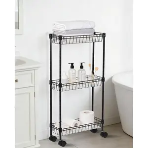 3-Tier Slim Rolling Cart, Cart with Wheels & Shelving Basket, Corner Organizer for,, Laundry & Living Room, Black (15.75"X5.91"X31.5")