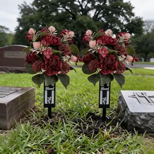 Red Cemetery Flowers for Grave:  Peony Grave Flower Bouquets for Cemetery Decorations - Spring Outdoor Gravesite Flowers with Vase