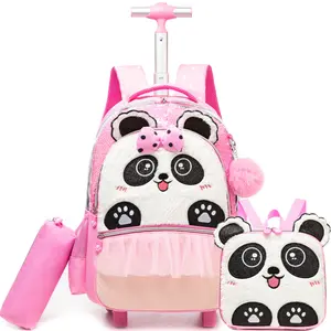 Cute Plush Panda Backpack with Wheels 3-in-1 Set | Pink Sequin Shiny Girls School Bag with Insulated Lunch Tote & Pencil Pouch | Magical Wheeled Bookbag Gift for Kids