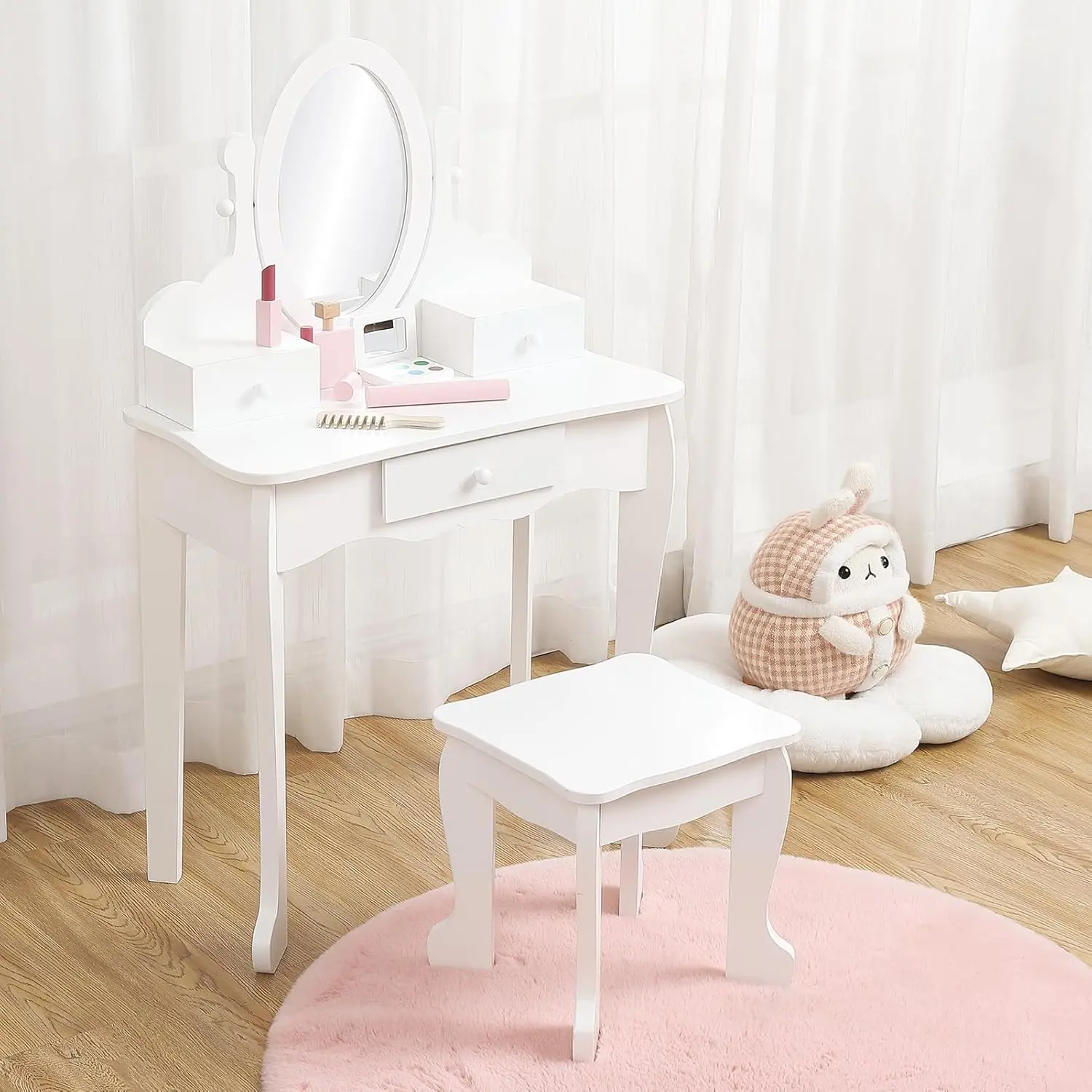 Girls' White Wooden Dressing Vanity Table Playset - Indoor Furniture Set with Makeup Desk, Mirror, Stool, Drawers, Pretend Makeup Toy, Exclusive Dress-Up Area, Includes Stool