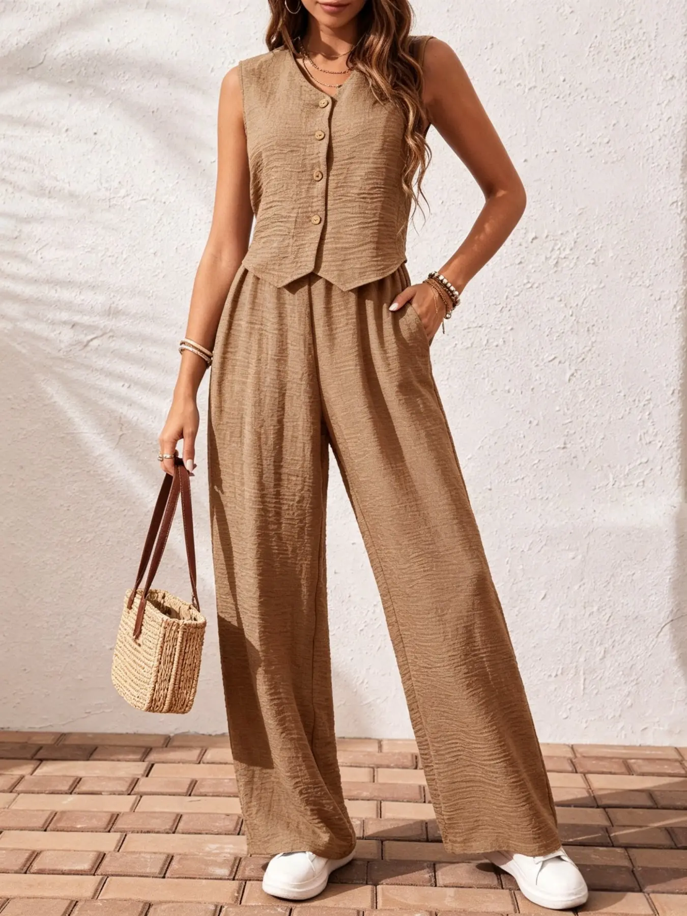 Versatile Summer, Women's Minimalist Sleeveless Top + Wide Leg Pants, Summer Beach Set, Breathable Easy Dressing Solution, Perfect for Everyday Casual Wear