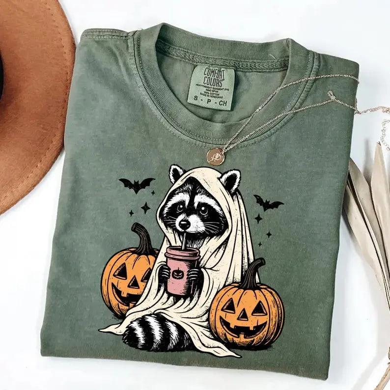 Comfort Colors Ghost Raccoon Halloween Shirt, Cute Pumpkin Coffee Raccoon Tee, Spooky Season Graphic Shirt, Vintage Autumn Animal Lover Tee, Cozy Fall Halloween Gift for Women, Wildlife Lover Apparel