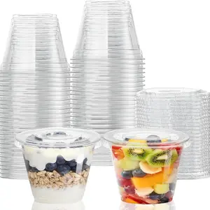 50 Sets, 9 oz Clear Plastic Cups With Flat Lids No Hole, Disposable Cups With Lids for Ice Cream, Pudding, Cake, Snacks Smoothie, Milkshake, Cold Drinks, Pack