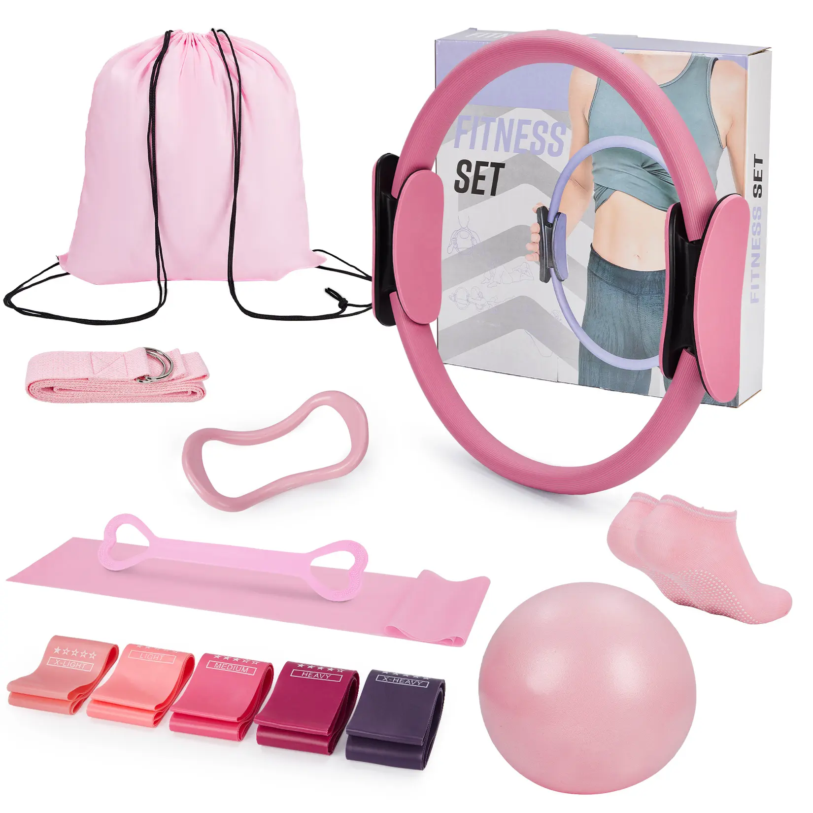 Beginner Friendly 13Pcs Pilates Kit | Home Workout Equipment Set Featuring Magic Circle, Resistance Bands & Mini Ball | Stylish Pink Purple Design for Women’s Full Body Pilates