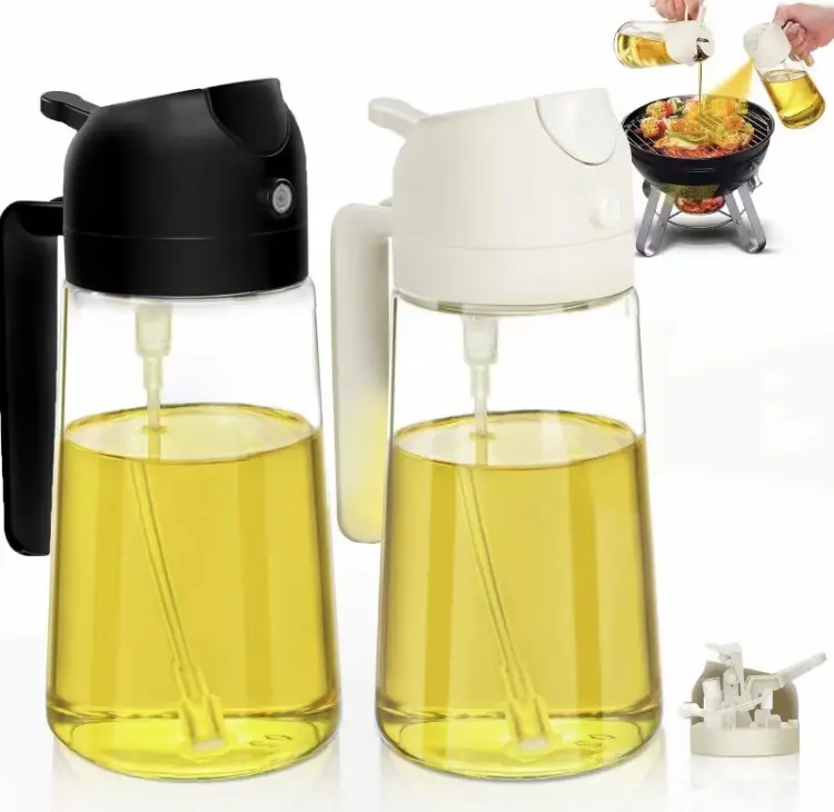 2 Pack Olive Oil Sprayer for Cooking, 470ml 2 In 1 Glass Oil Dispenser/Pour Bottle, Kitchen Accessories, Kitchen Gadgets for Air Fryer, Salad, BBQ (Black)