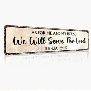 Christian Wall Art Decor - Religious Bible Verses Aluminum Sign for Gifts, Home, Living Room & Bedroom - Inspirational Scripture Quotes Signs - Joshua 24:15 As For Me We Will Serve the Lord, 4" x 16"