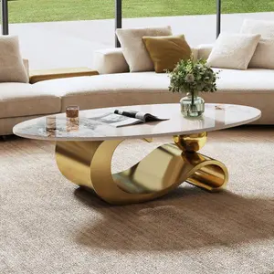 Bellemawe 49.2-inch imitation marble oval coffee table, modern stainless steel base, living room modern central table