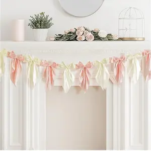 1 Pcs White Pink Bow Garland Banner – Elegant Hanging Satin Ribbon Bow Banner Decorations for Baby Shower, Wedding, Birthday, Engagement, Bridal Shower or Christmas Party Decor
