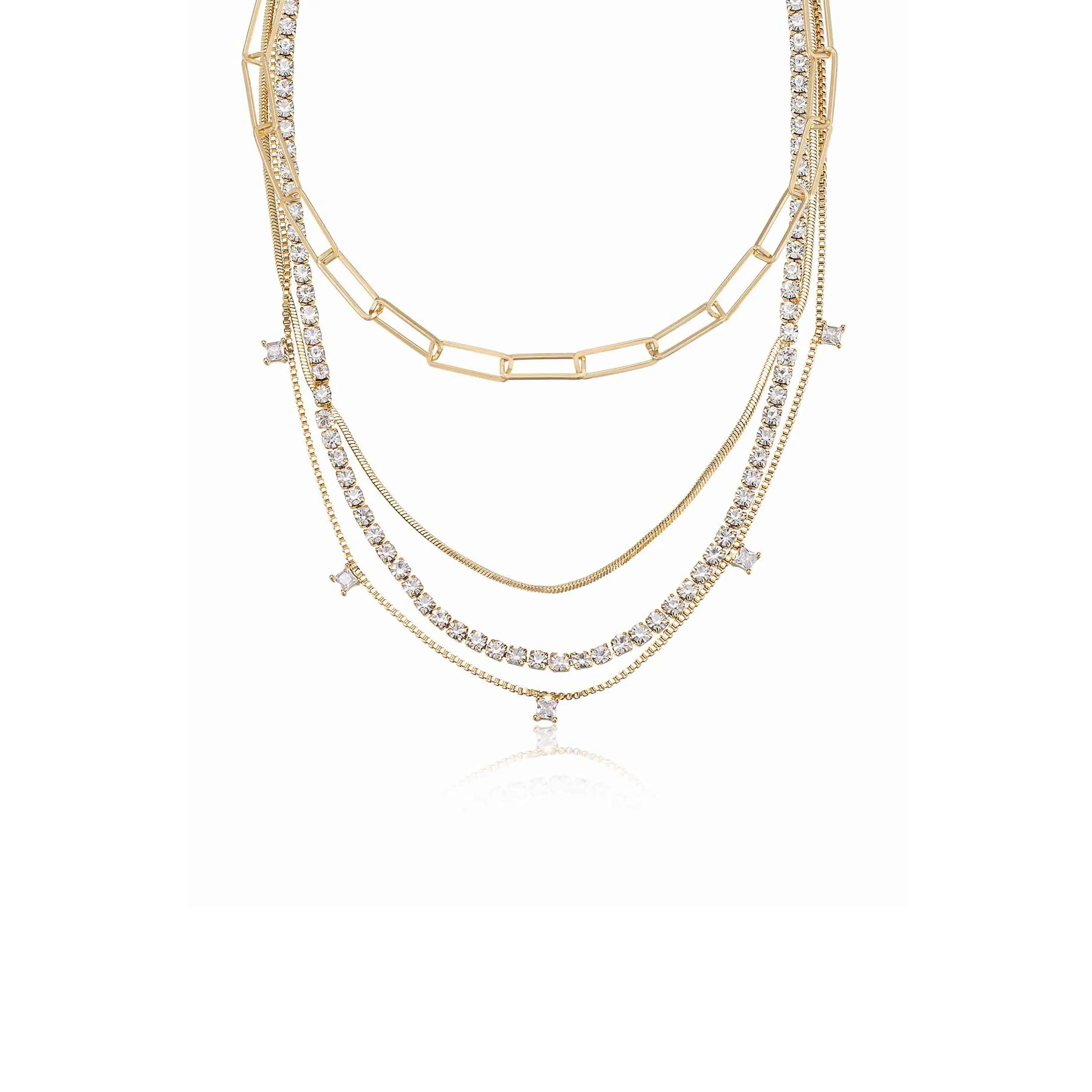 Mixed Chain Crystal Necklace Set – 18K Gold Plated Layered CZ Necklace, 4-in-1 Statement Jewelry for Women