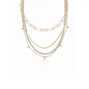 Mixed Chain Crystal Necklace Set – 18K Gold Plated Layered CZ Necklace, 4-in-1 Statement Jewelry for Women
