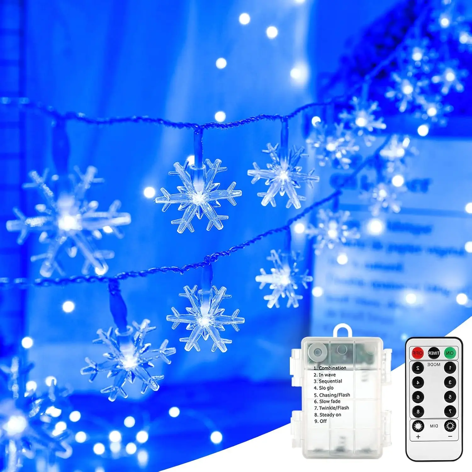 BrizLabs Blue Snowflake LED String Lights, 40-LED 16.08ft Battery-Operated Twinkle Lights with Multi-Mode Remote, Waterproof Christmas Decorations for Indoor Outdoor Ornaments, Wedding Party Window Decoration, Accent Lighting String Lights
