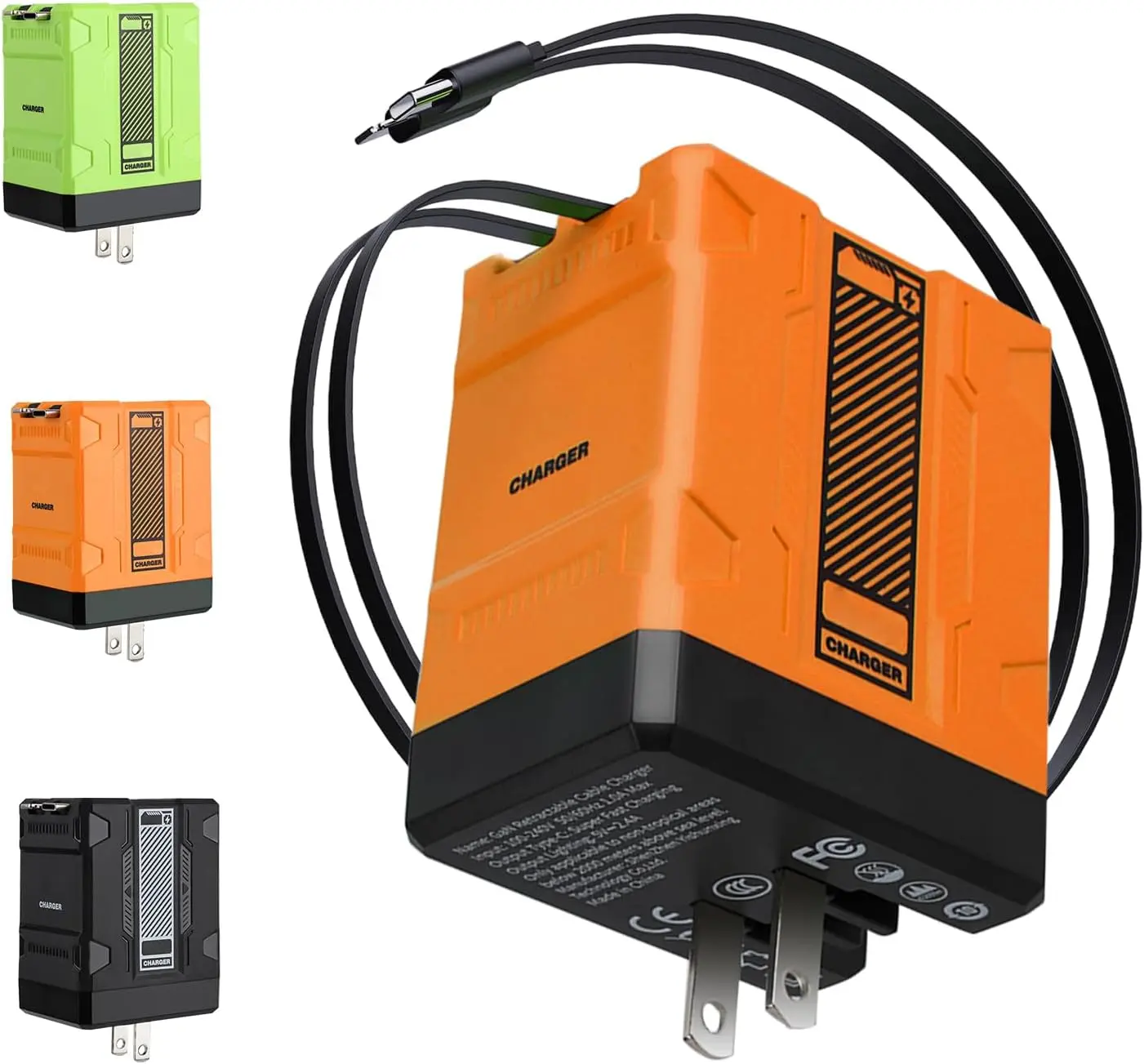 2-in-1 GaN Fast Charging Block with Retractable Type-C Cable, 2 USB Ports, Portable Travel Power Adapter for Smartphone, Cellphone, Mobile & Electronic Devices, Universal Multi-Function Charger, Orange