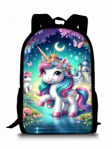 Single-layer backpack with unicorn and pony print, Casual Backpack