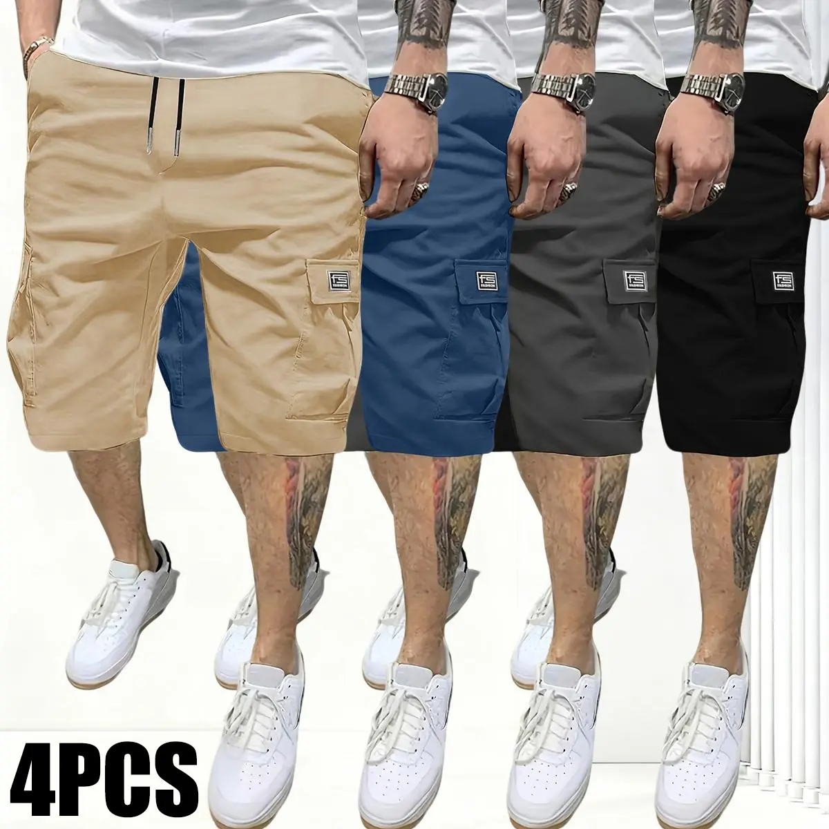 Men’s solid-color cargo shorts, 4-pack; lightweight fashion shorts with flap pockets; available in multiple colors; stretch fabric with four-way stretch; outdoor work pants for men Beige Athletic,summervibes Activewear Trouser,summerwins,father'sdaygifts