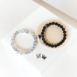 2Pcs Couples Bracelet Set Matching His and Hers Promise Love Heart Pendant Bracelet for Couples Long Distance Relationship Natural Stone Bead Couple Jewelry