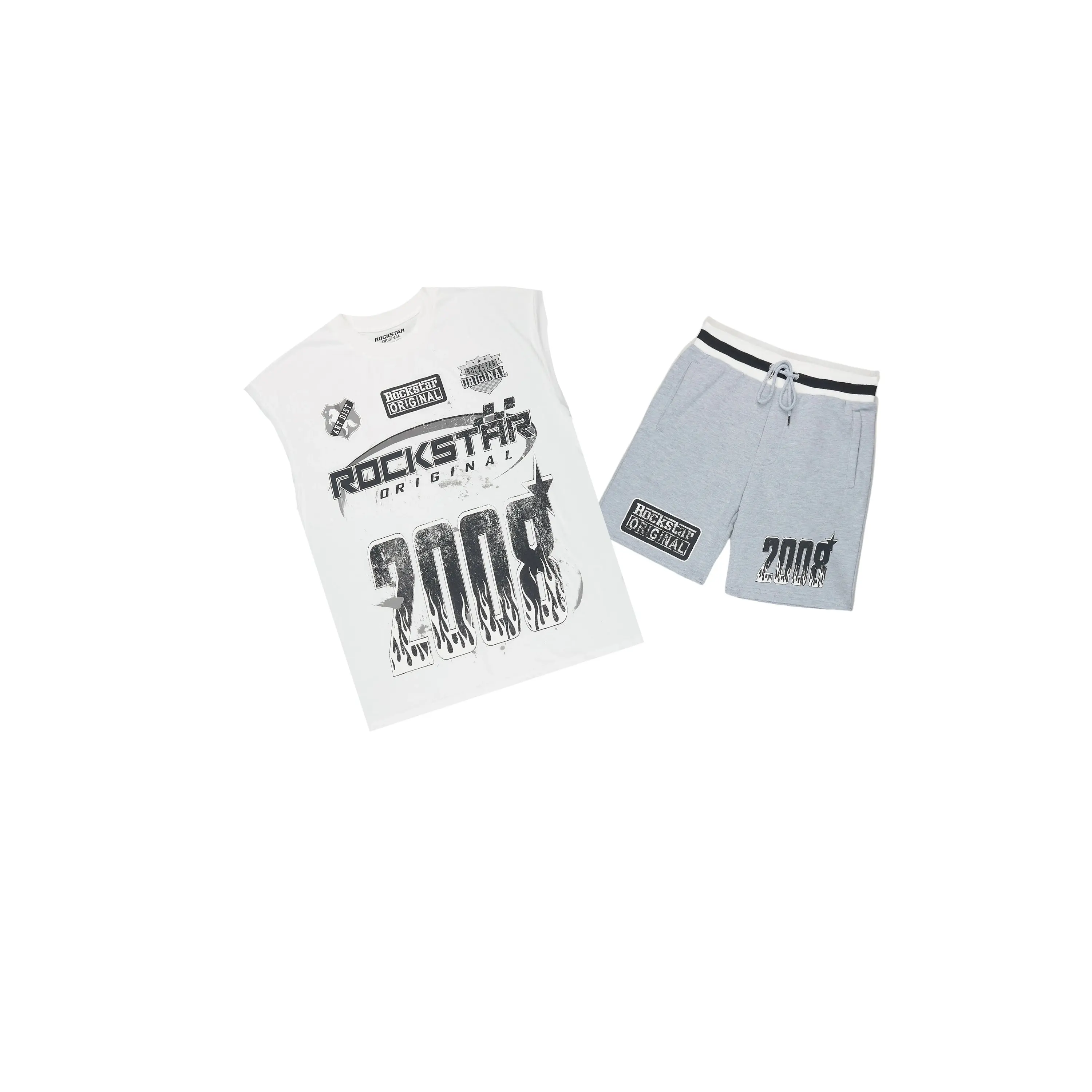 Amos White/Grey Graphic  Cut Sleeve T-Shirt Short Set