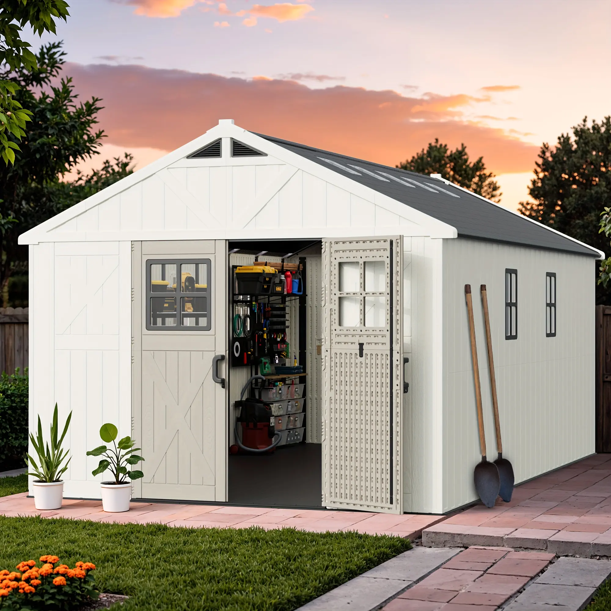 GUNJI 10x12ft & 10x10ft Outdoor Storage Shed with Lockable Sliding Door & Skylight Roof - Plastic Resin Shed Suitable for Garden, Patio, Backyard, Beige, Six-Window, Floor Included, Assembly for Tools, Lawn Equipment