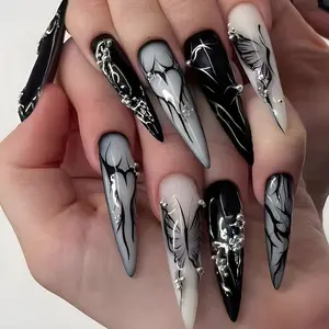 24 Pcs Extra Long Stiletto Dark Gothic Aesthetic Black Silver Butterfly Wings Black White Gray Ombre Gradient Silver Bead Press On Nails, Cyberpunk Theme Silver Foil Metallic Flame Irregular Lines Removable False Nails with Jelly Glue and Nail File