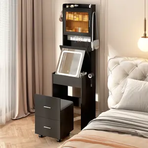 Small Vanity Desk with Mirror and LED Lights, Makeup Table with Charging Station and Storage Shelves for Small Space, Compact Mini Corner Vanity Set with Hidden Storage Stool for Bedroom, Black vanity  without  let decofy  vanity vanity  set