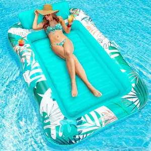 Giant Tanning Pool Float - XL Inflatable Lounger with Pillow & Dual Cup Holders, Blow Up Raft for Adults at Beach/Pool/Lake (Party-Ready Design!)