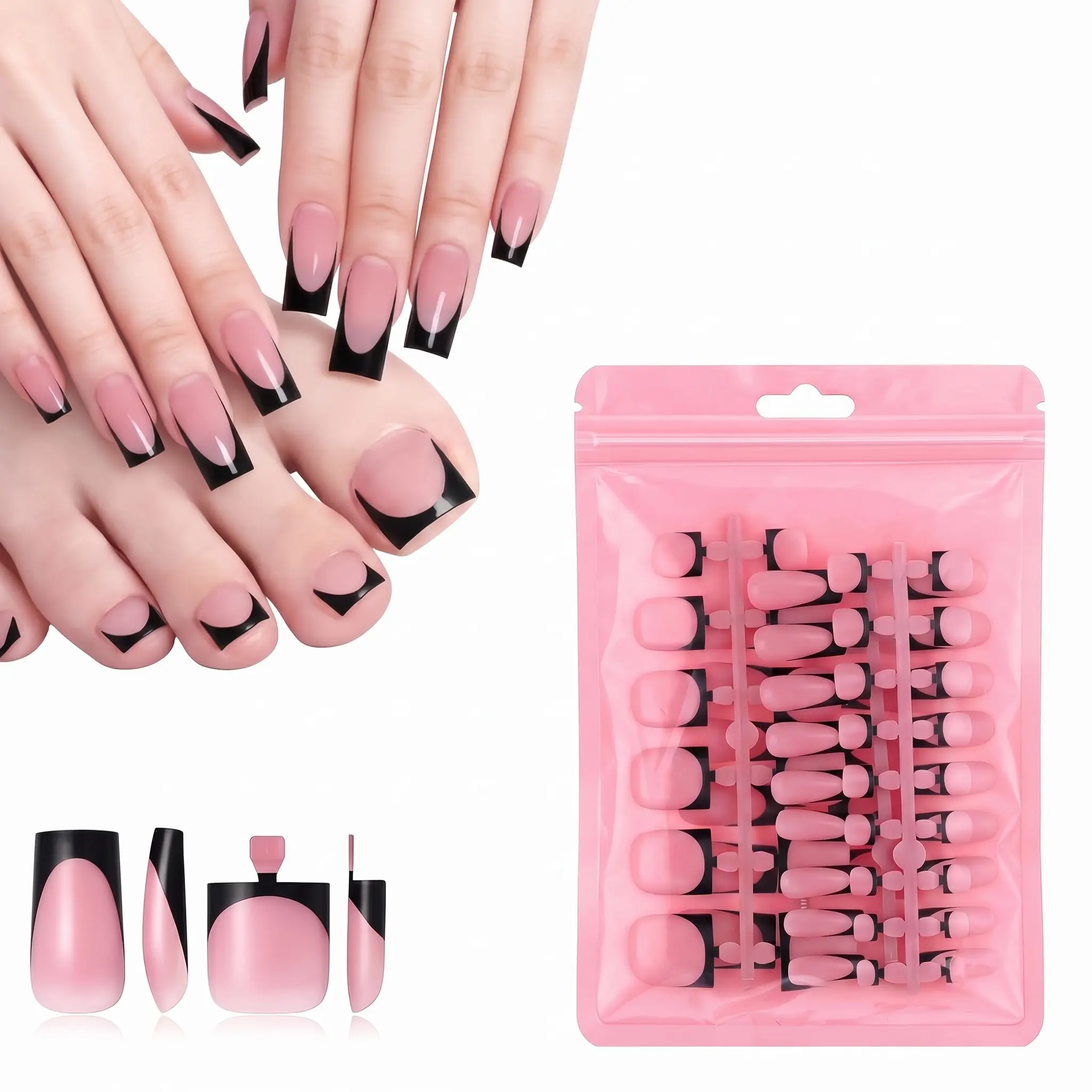 60Pcs French Tip Press on Nails & Press on Toenails Set, Square Press on Nails Medium Fake Nails Black French Press on Toenails Full Cover Stick on Press ons for Women