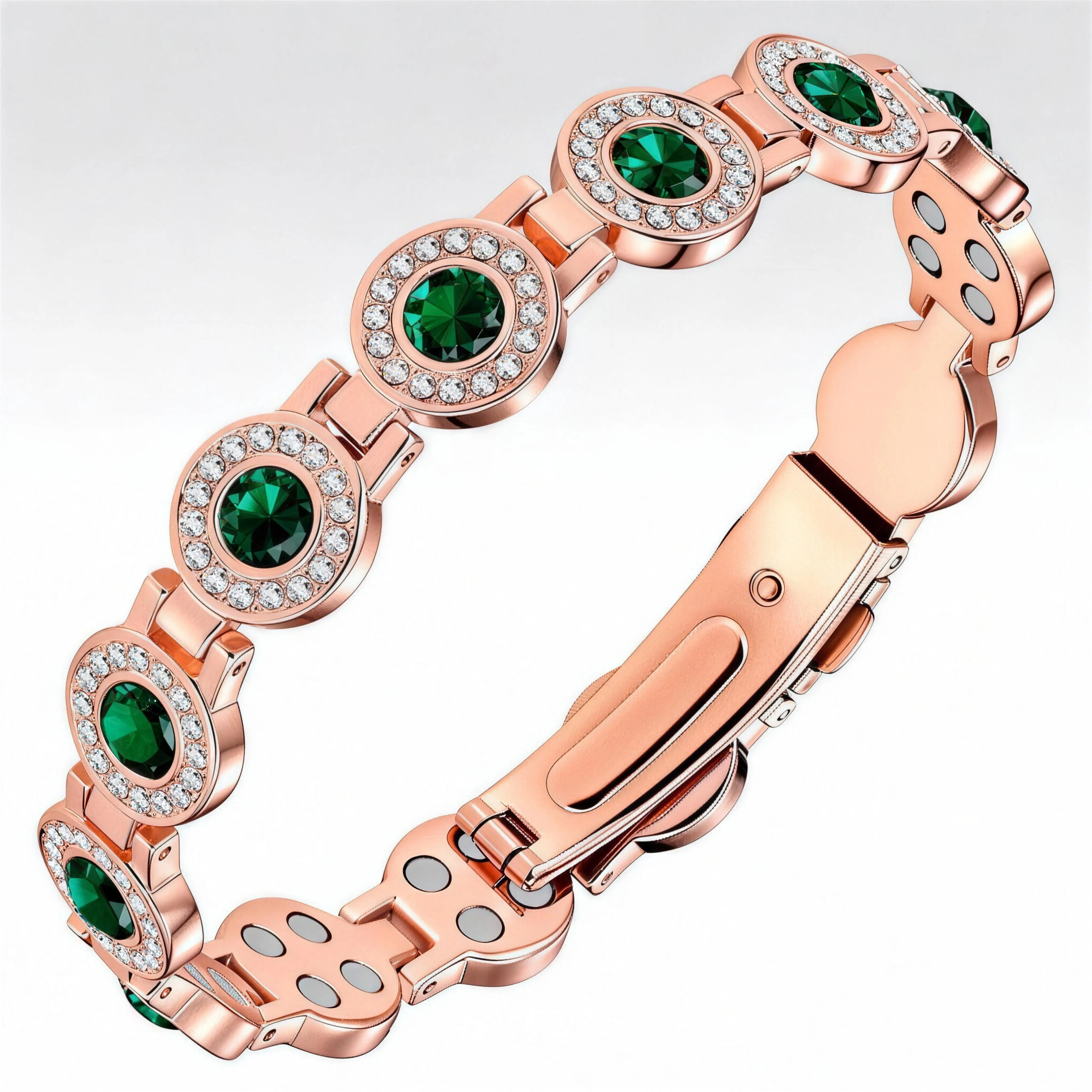 Exquisite Trendy Jewelry Bracelet for Women in Rose Gold, Green Oval Gemstones with Crystal Inlay, Secure Magnetic Clasp for Daily Wear, Christmas Gift, Exquisite Trendy Bracelet, Well-Linked Segments, No Warning Applicable